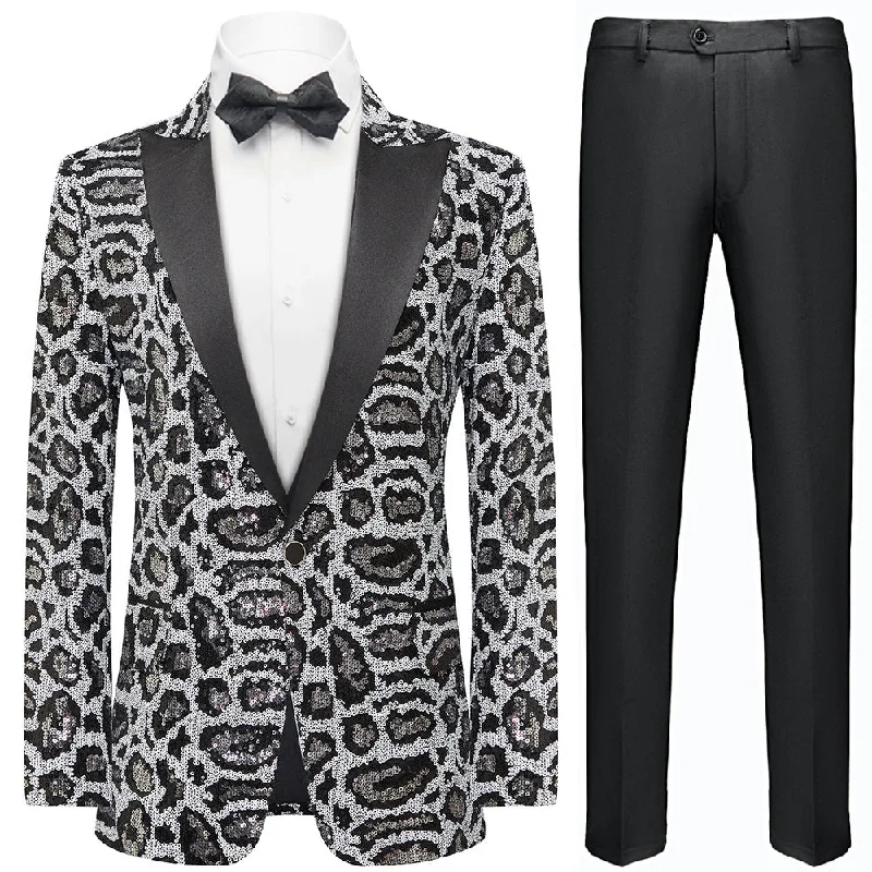 Men's premium tuxedo with satin collar for wedding party -Men's Sequin Leopard Pattern Black and Silver Tuxedo