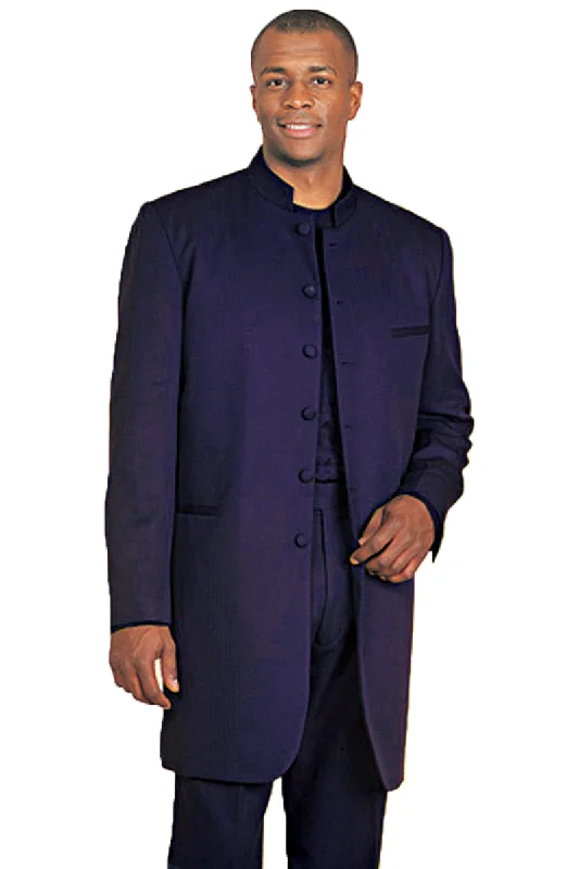 Men's formal tuxedo for wedding dinner party -Mens Long Mandarin Collar Zoot Suit Tuxedo in Navy Blue