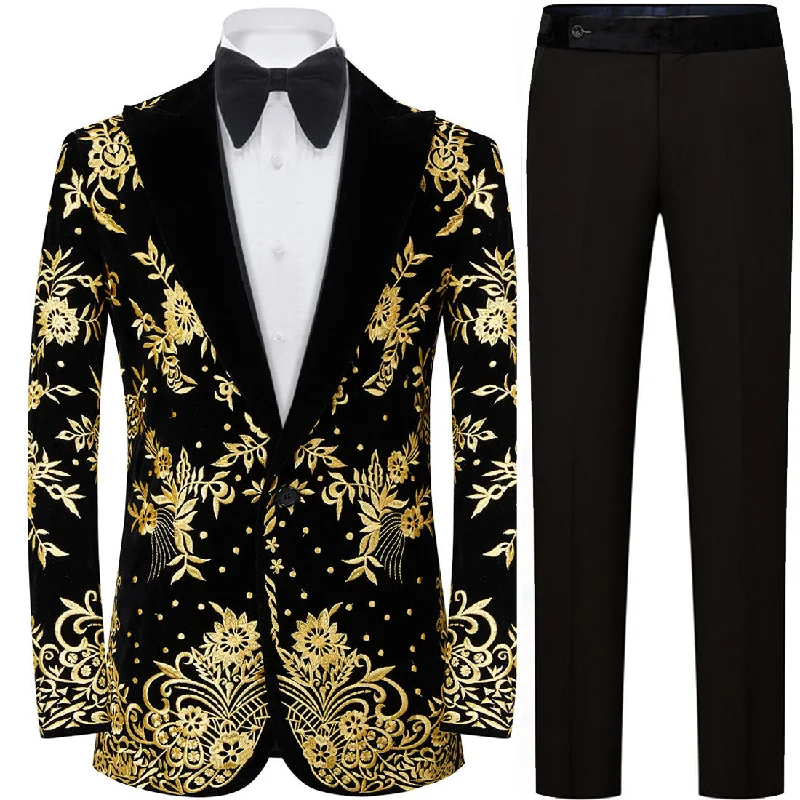 Men's tailored tuxedo jacket for formal business event -Men's Luxury Gold Floral Embroidered Black Velvet Tuxedo