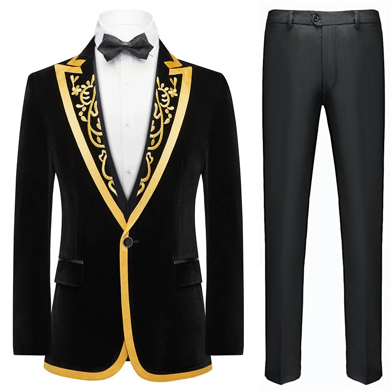 Men's modern tuxedo for business wedding event -Men's Gold Embroidered Peak Lapel Black Velvet Dinner Jacket