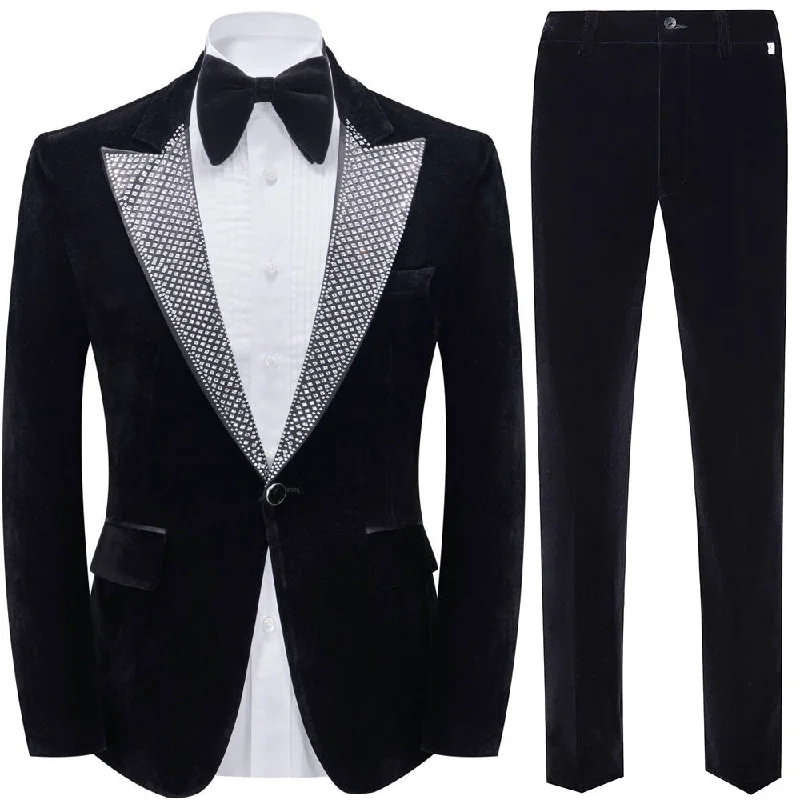 Men's luxury tuxedo jacket for formal office gala -Men's Peak Lapel with Rhinestone Luxury Velvet Black Tuxedo