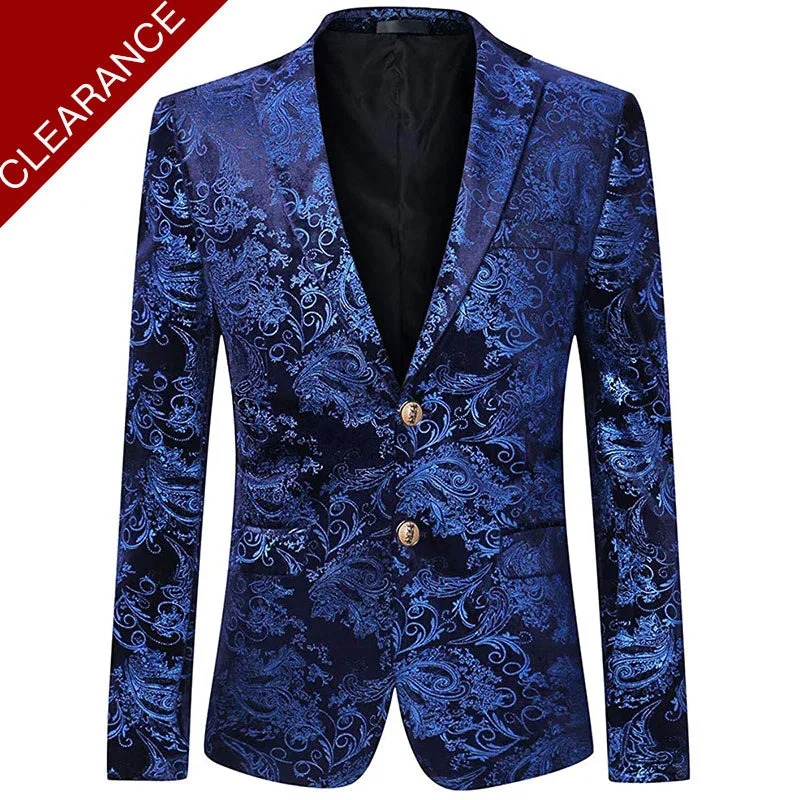 Men's tailored tuxedo jacket with satin collar for wedding -Men's Metallic Floral Print Tuxedo Navy Only Jacket