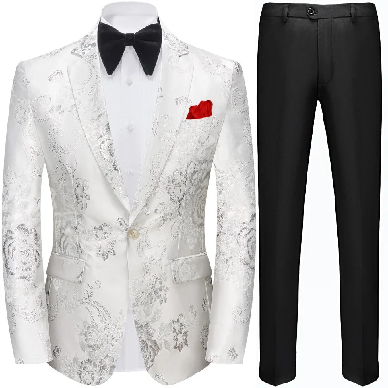 Men's tailored tuxedo jacket for office gala -Men's Notched Lapel One Button Jacquard Silver Tuxedo