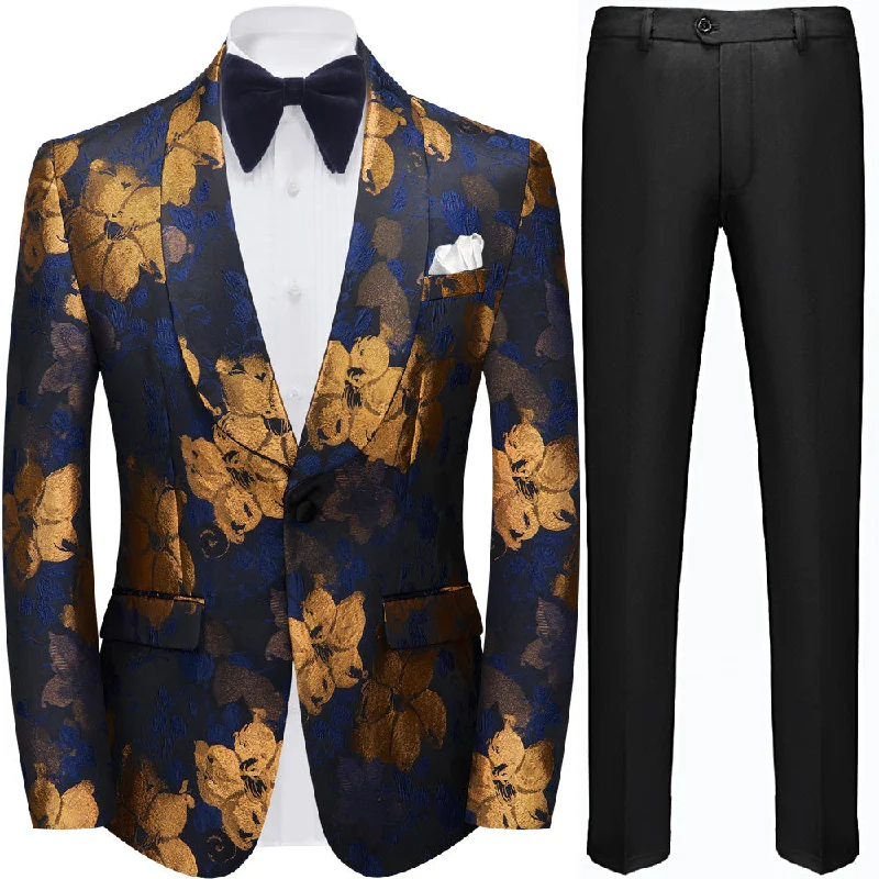 Men's slim fit tuxedo jacket for office gala -Men's Oil Painting Style Gold and Blue Floral Embroidered Tuxedo Jacket