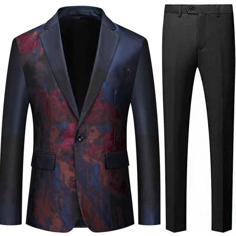 Men's slim fit tuxedo jacket for formal office dinner -Men's One-Button Ink Painting Style Dark Navy Jacket