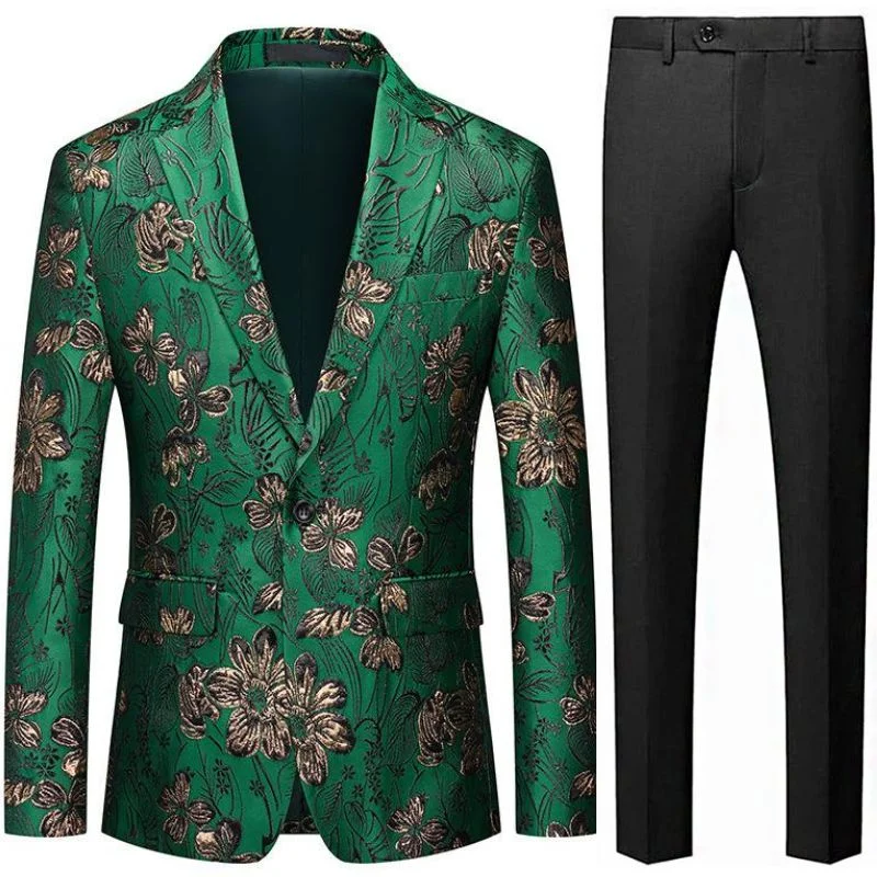 Men's formal tuxedo for wedding dinner party -Men's One-Button Slim Fit Floral Jacquard Green Jacket