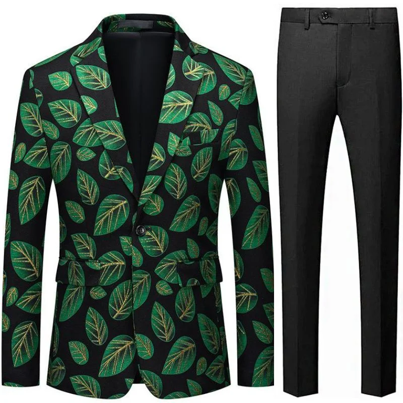 Men's tailored tuxedo with satin finish for wedding -Men's One-button Green Leaf Jacquard Black Jacket