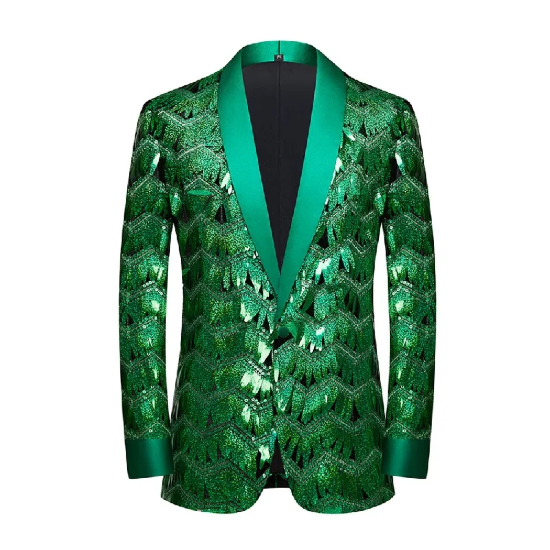 Men's luxury black tuxedo for formal reception -Men's One-Button Geometric Sequin Green Jacket