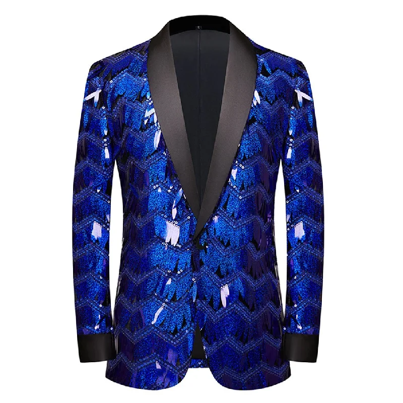 Men's slim fit tuxedo for office wedding dinner -Men's One-Button Geometric Sequin Navy Jacket