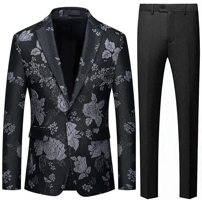 Men's luxury tuxedo jacket for formal office gala -Men's One-Button Slim Fit Silver Jacquard Black Jacket