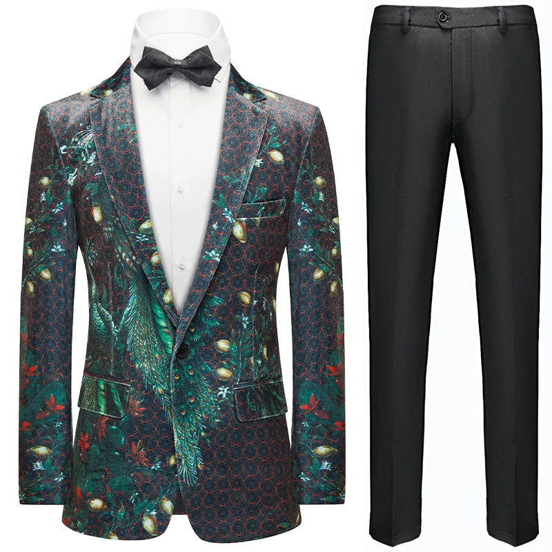 Men's premium tuxedo for formal dinner events -Men's Skin-friendly Fabric Peacock Print Dark Green Tuxedo