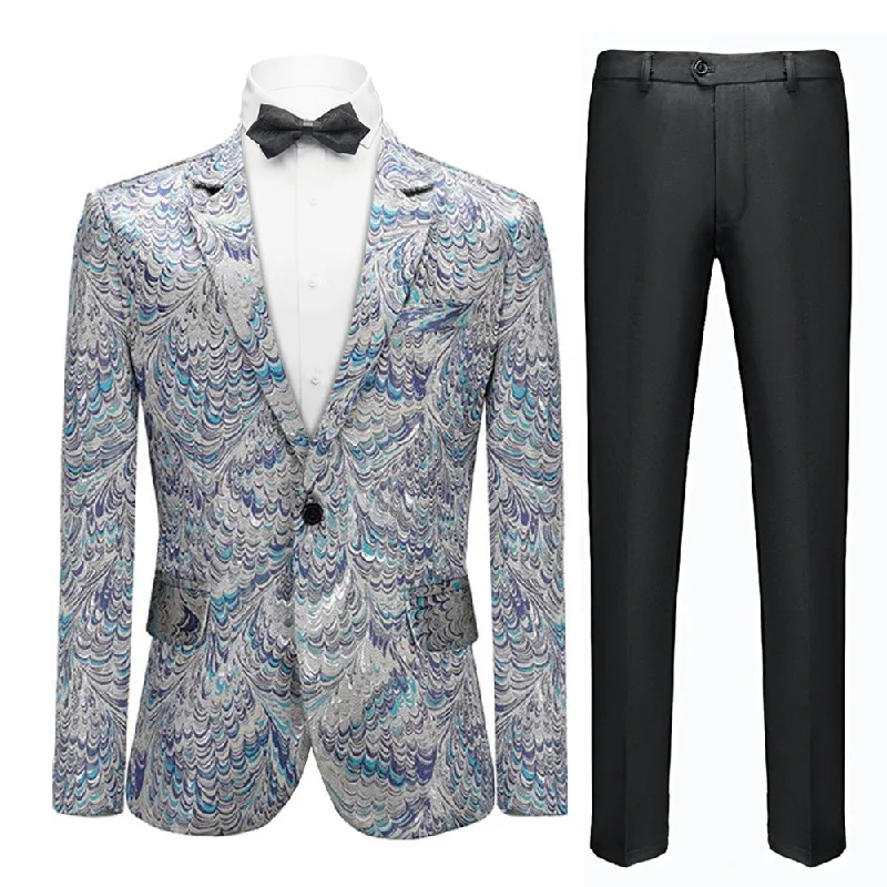 Men's business tuxedo jacket for evening gala -Men's Peacock Pattern Silver and Blue Tuxedo