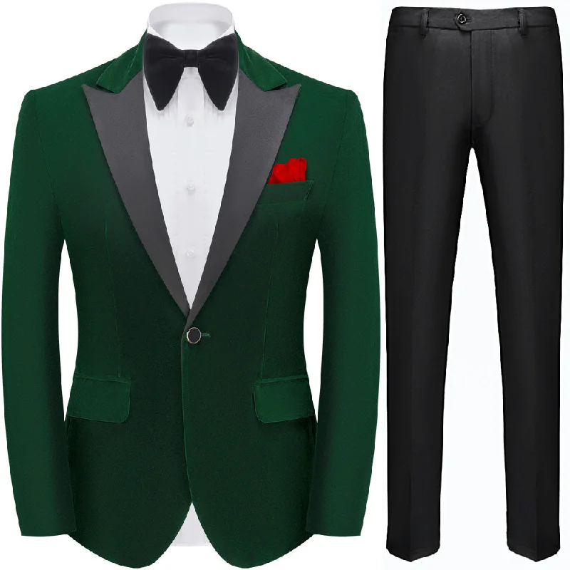 Men's modern tuxedo for business wedding event -Men's Peak Lapel Green Velvet Tuxedo