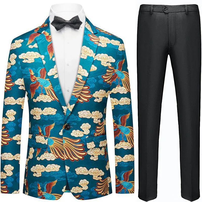 Men's slim fit tuxedo for business event -Men's Phoenix and Cloud Pattern Blue Tuxedo