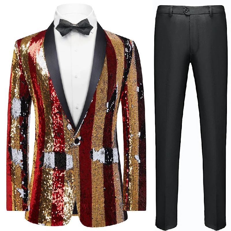 Men's wool tuxedo jacket for corporate dinner -Men's Reversible Full Sequin Gold and Red Pinstripe Suit