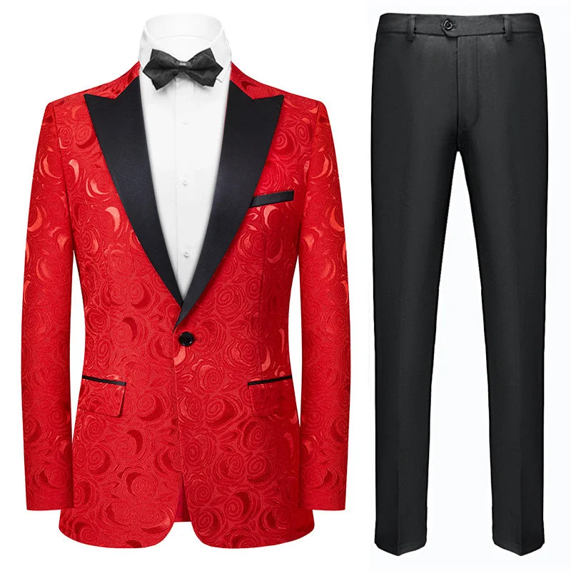 Men's slim fit tuxedo for corporate office party -Men's 2-Piece Rose Jacquard Red Wedding Suit for Groom