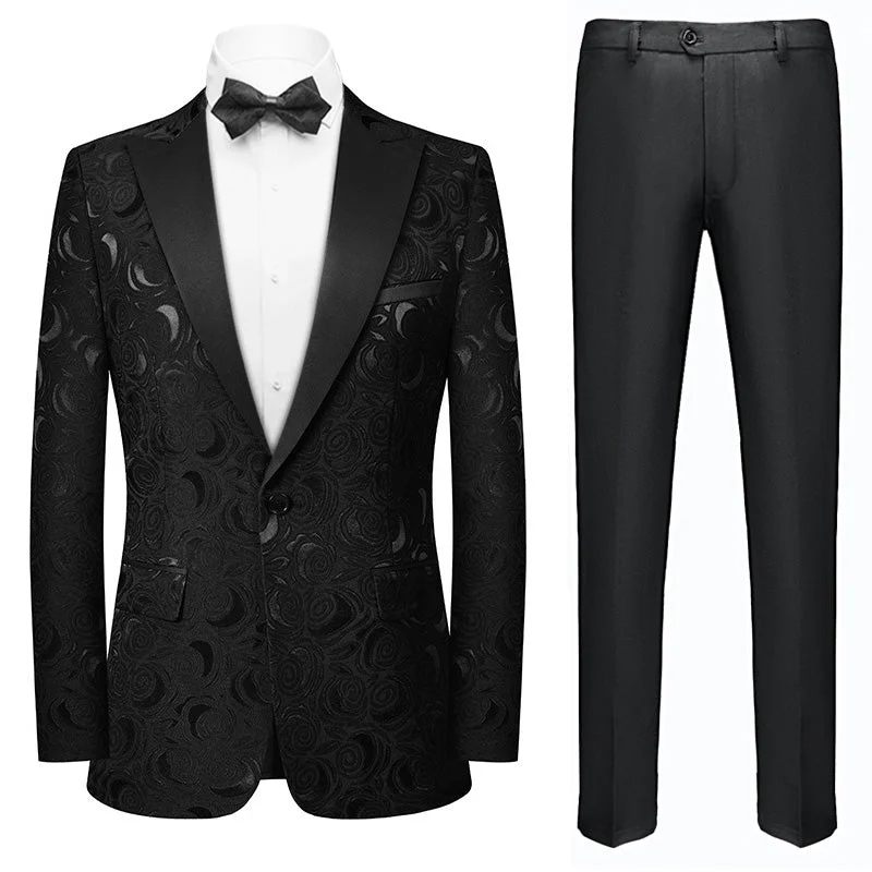 Men's premium tuxedo with satin collar for wedding party -Men's 2-Piece Rose Jacquard Black Wedding Suit for Groom