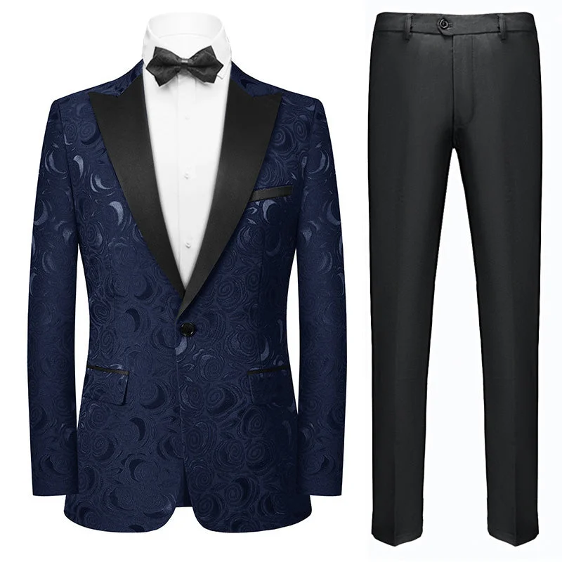 Men's modern tuxedo for wedding reception -Men's 2-Piece Rose Jacquard Dark Blue Wedding Suit for Groom