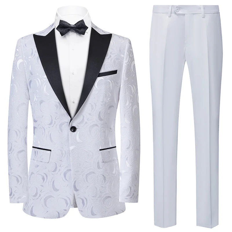 Men's modern tuxedo jacket for business wedding -Men's 2-Piece Rose Jacquard White Wedding Suit for Groom