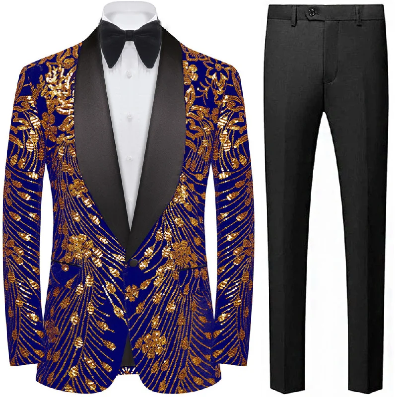 Men's slim fit tuxedo for business wedding event -Men's Sequin Blue Jacket Golden Falling Stars