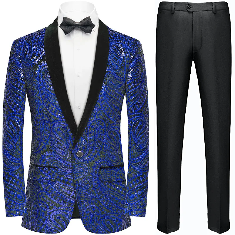 Men's formal tuxedo jacket for business dinner party -Men's Sequin Blue Paisley Black Tuxedo Jacket