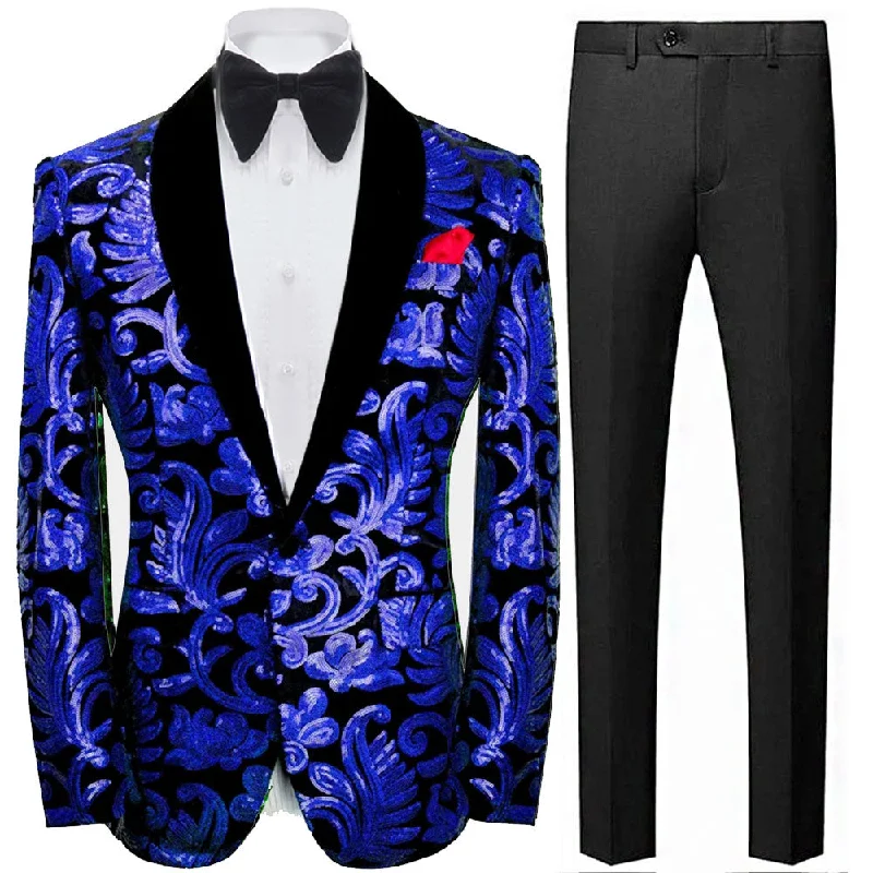 Men's luxury navy tuxedo jacket for formal wedding -Men's Sparkle Floral Blue Sequin Tuxedo Jacket