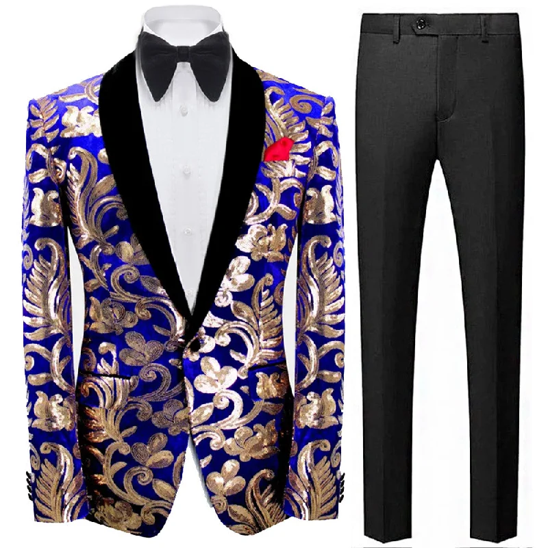 Men's slim fit tuxedo for corporate event dinner -Men's Royal Vintage Gold Floral Sequin Blue Tuxedo Jacket