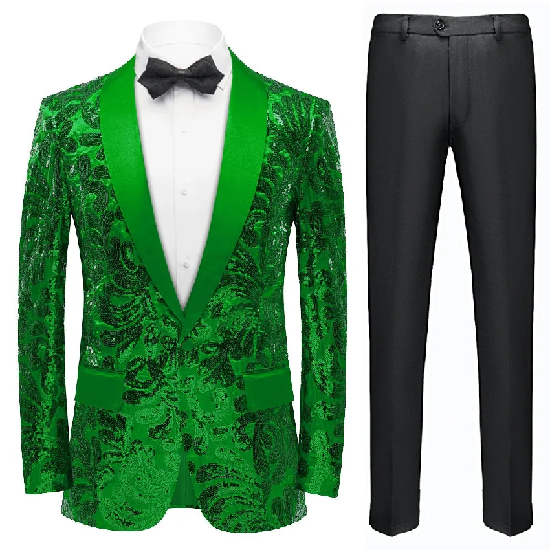 Men's premium tuxedo with satin lapels for wedding -Men's Exquisite Shawl Lapel Floral Sequin Green Tuxedo Jacket