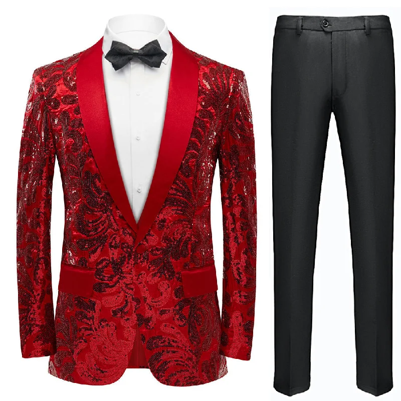 Men's formal tuxedo for wedding dinner party -Men's Exquisite Shawl Lapel Floral Sequin Red Tuxedo Jacket