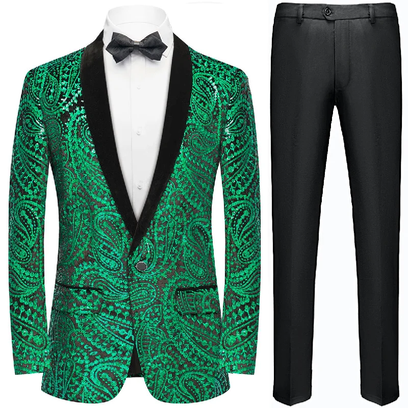 Men's luxury grey tuxedo jacket for office event -Men's Sequin Green Paisley Black Suit