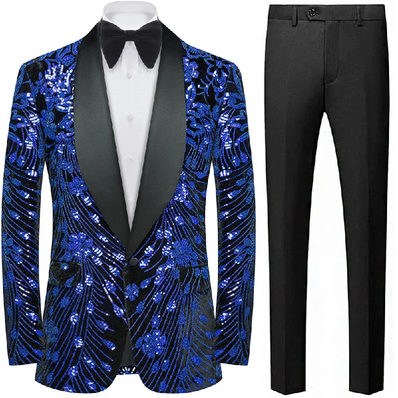 Men's slim fit tuxedo for business event -Men's Sequin Navy Jacket Blue Falling Stars