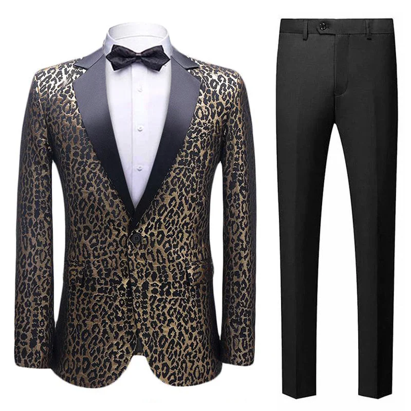 Men's luxury tuxedo jacket for business event -Men's Leopard Seamless Pattern Black Dinner Jacket