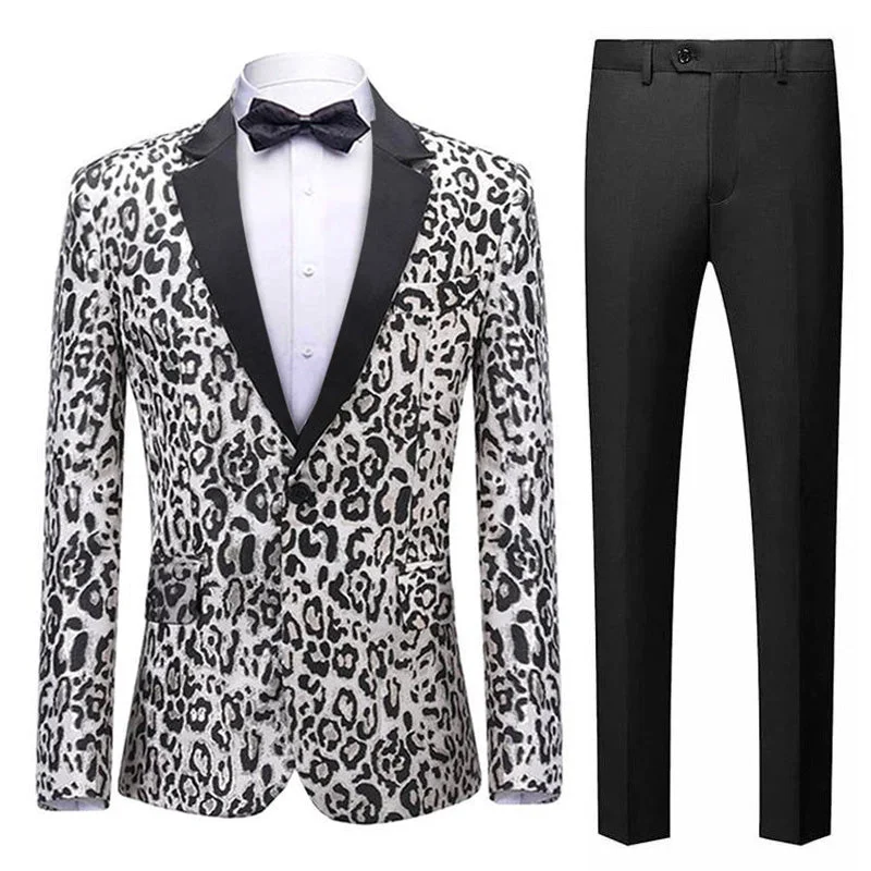 Men's designer tuxedo jacket with satin lapels for wedding -Men's Leopard Seamless Pattern White Dinner Jacket