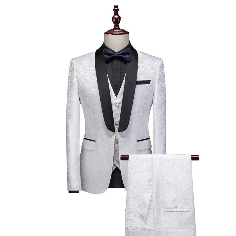 Men's luxury grey tuxedo jacket for wedding -Men's 3-Piece Shawl Collar Jacquard Floral White Suit for Party Dinner