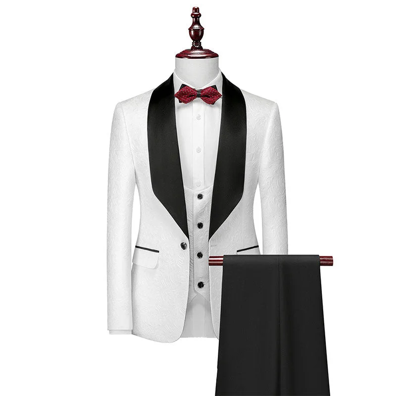 Men's classic black tuxedo with satin collar for wedding -Men's 3-Piece Shawl Collar Jacquard Floral White Suit