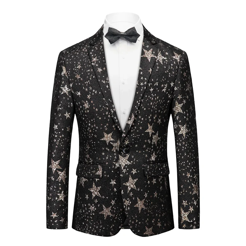 Men's tailored tuxedo jacket for wedding party -Men's Peak Lapel Gold Stars Printed Black Tuxedo Jacket