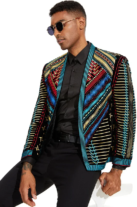 Men's tailored tuxedo jacket for special business party -Men's Embroidered Geometric Pattern Blue and Gold Tuxedo