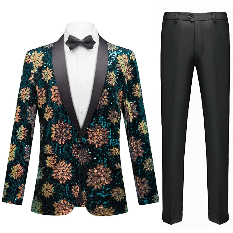 Men's luxury tuxedo jacket with satin collar for wedding -Men's Teal Green Tuxedo with Sequin Golden Floral Pattern