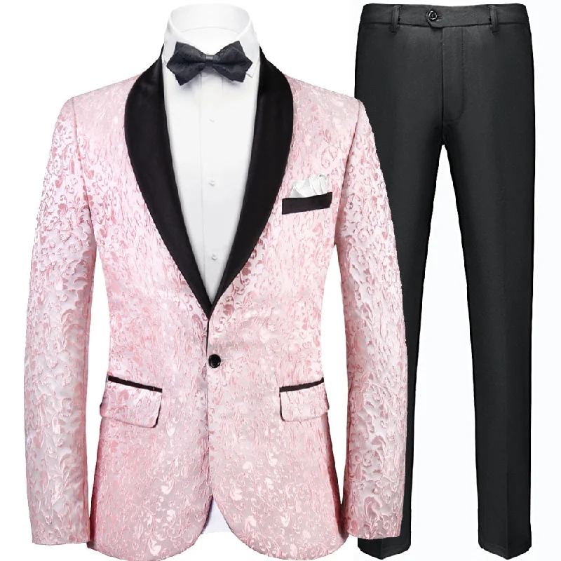 Men's slim fit tuxedo jacket for formal office dinner -Men's 2-Piece Pink Jacquard Embroidery Paisley Suit