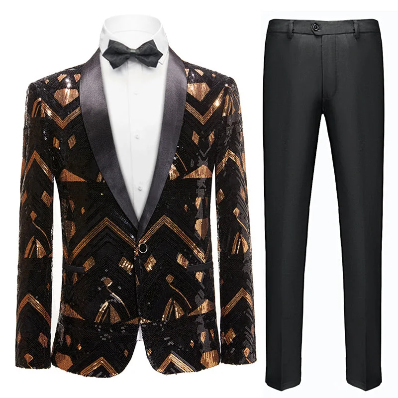 Men's formal tuxedo with satin collar for special event -Men's Full Sequin Golden Geometric Pattern Black Tuxedo Jacket