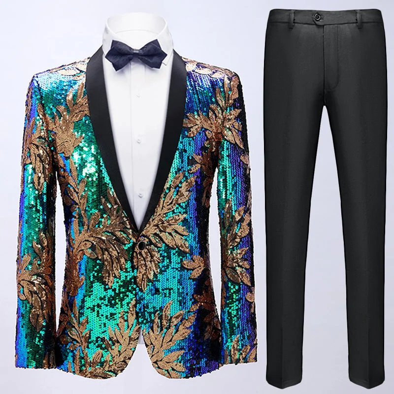 Men's premium tuxedo with satin collar for office dinner -Men's Full Sequin Teal Green Tuxedo with Gold Olive Leaf Patterns