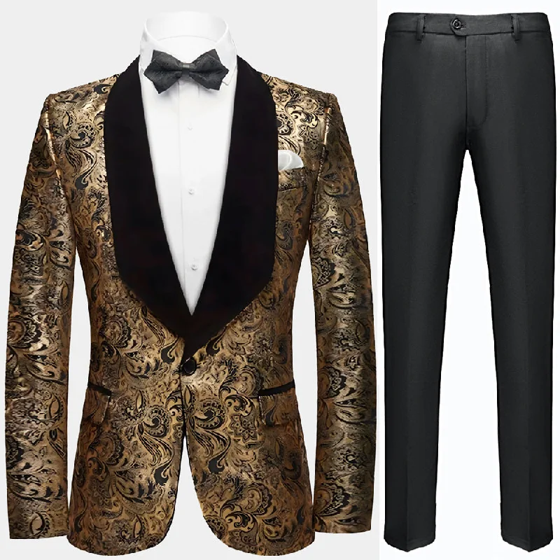 Men's luxury tuxedo for evening wedding -Men's Black Gold Paisley Suit with Velvet Shawl Lapel