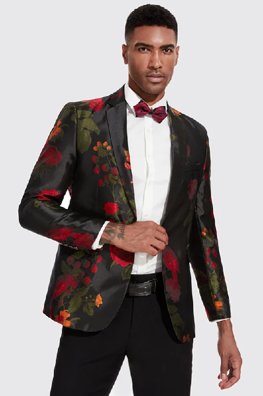 Men's formal tuxedo with satin collar for evening event -Men's Peak Lapel Red Rose Jaquard Black Dinner Jacket