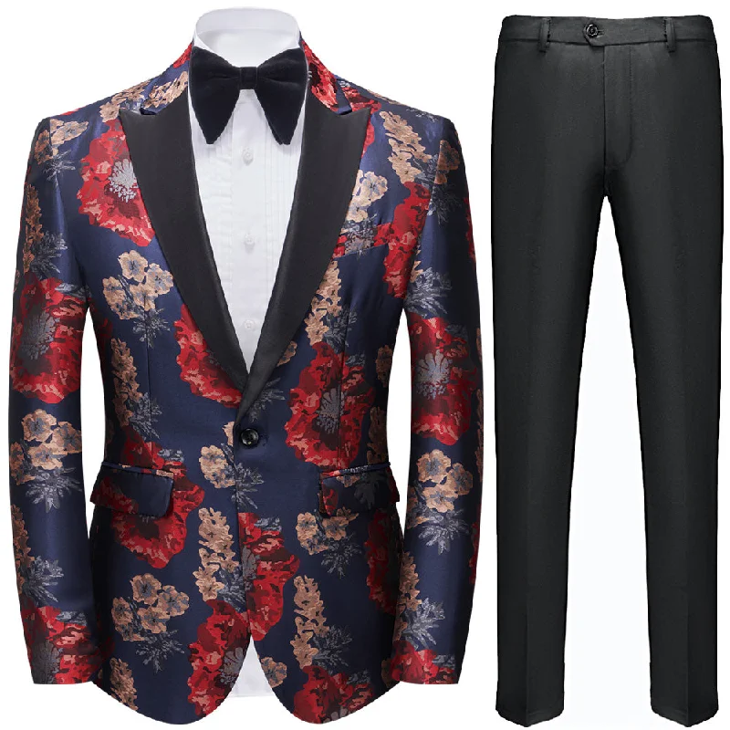 Men's formal tuxedo jacket with satin lapels for dinner -Men's Peak Lapel Red and Gold Floral Print Blazer