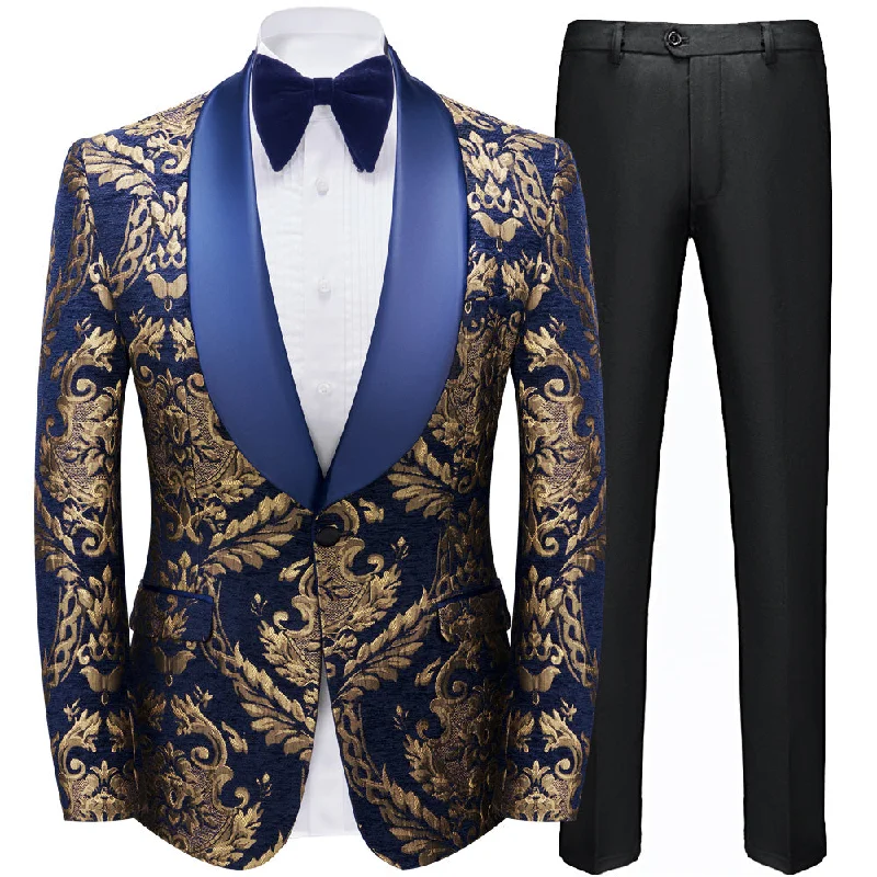 Men's wool tuxedo jacket for corporate dinner -Men's Gold Damask Jacquard Royal Blue Tuxedo