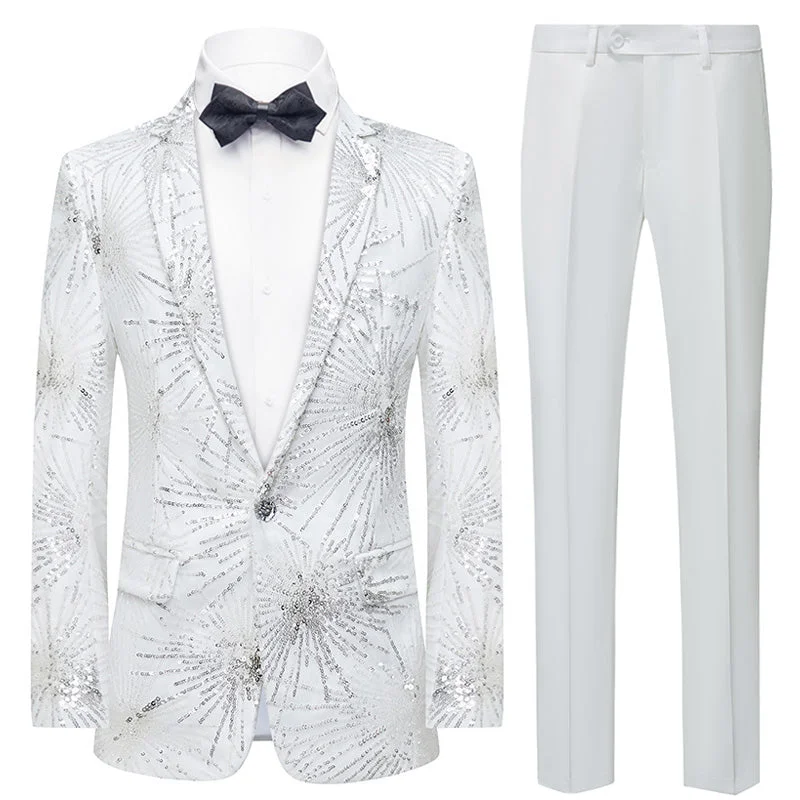 Men's wool tuxedo for black tie gala -Men's Shimmering Fireworks Pattern White Suit Jacket