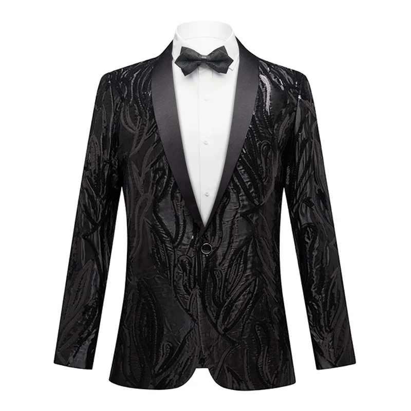 Men's business tuxedo for evening event -Men's Shawl Lapel Subtile Sequin Embroidery Black Tuxedo