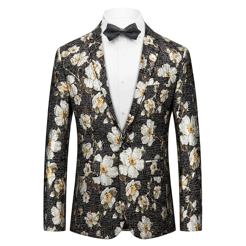 Men's classic tuxedo jacket for formal business event -Men's Oil Painting White Blooming Flowers Embroidery Black Blazer