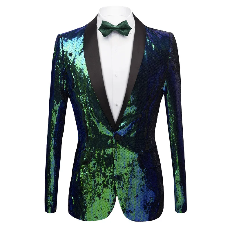 Men's classic navy tuxedo with satin collar for wedding -Men's Shawl Lapel Gradient Sequin Teal Green Tuxedo