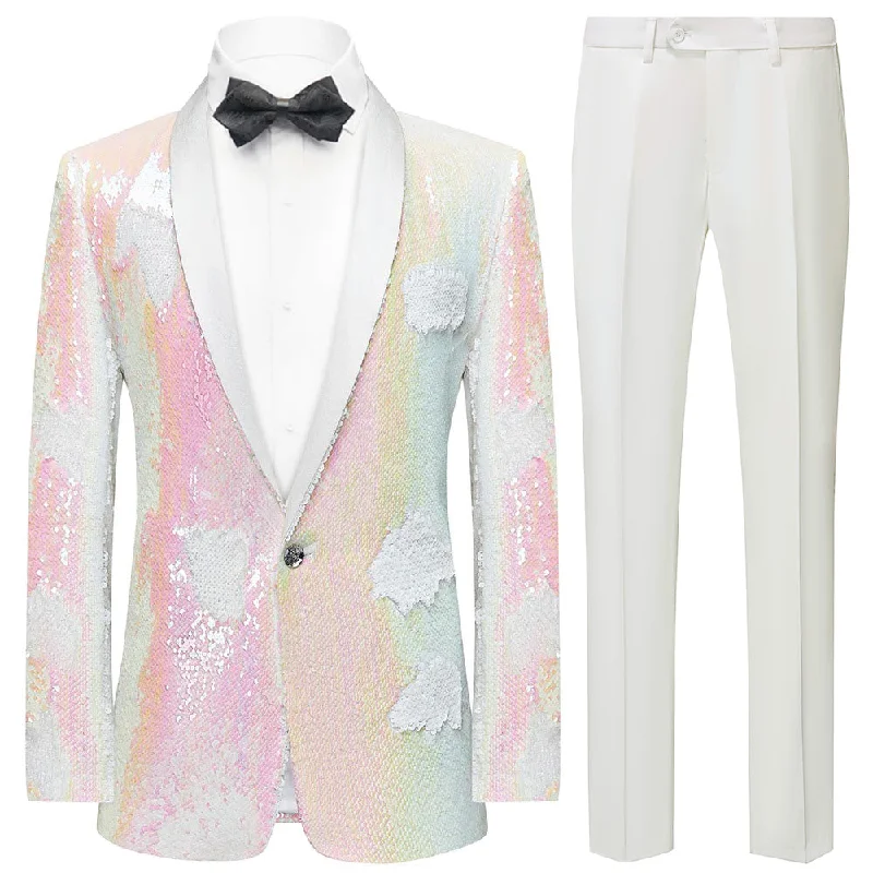 Men's premium tuxedo with satin lapels for office -Men's Shawl Lapel Pink Gradient Sequin White Tuxedo